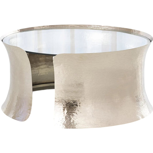 Cuff Cocktail Table by Global Views in nickel lacquer coating. Made from aluminum, glass in a transitional style.