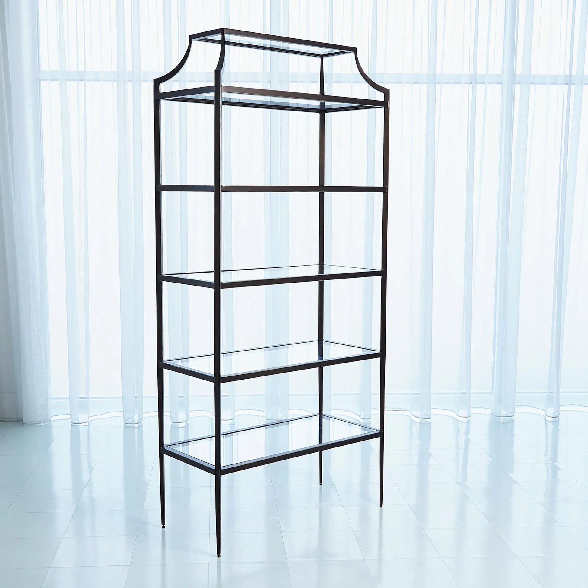 Lescot Etagere by Global Views in dark gunmetal bronze powder coat, gold edges, highlights. Made from iron, tempered glass in a transitional style.