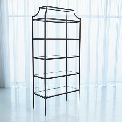 Lescot Etagere by Global Views in dark gunmetal bronze powder coat, gold edges, highlights. Made from iron, tempered glass in a transitional style.