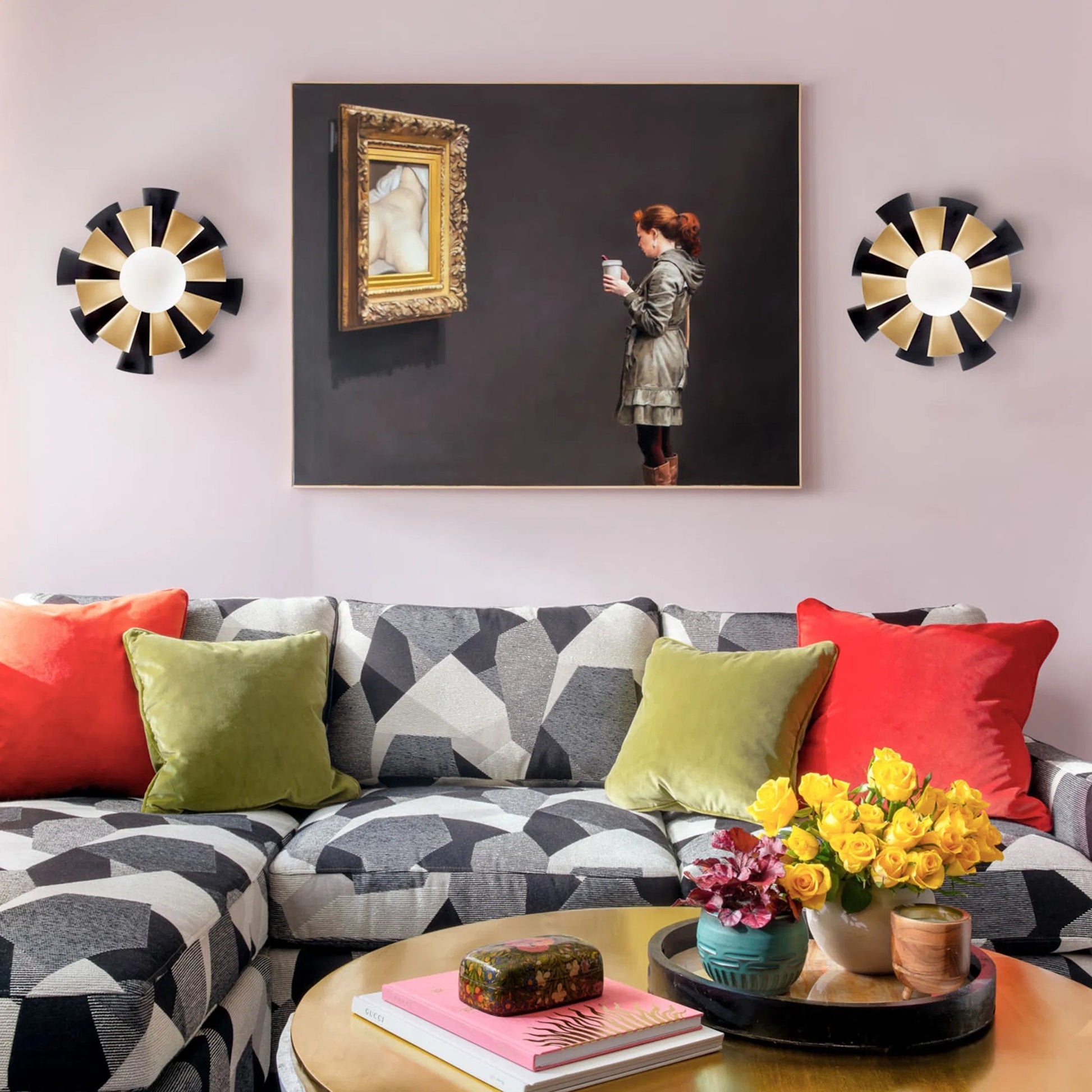 Daphne Convertible Flush Mount/Sconce by Varaluz in matte black/french gold. Made from unique in a modern style.