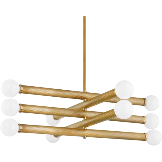 Pienza Chandelier by Corbett in vintage brass. Made from brass in a unique style.