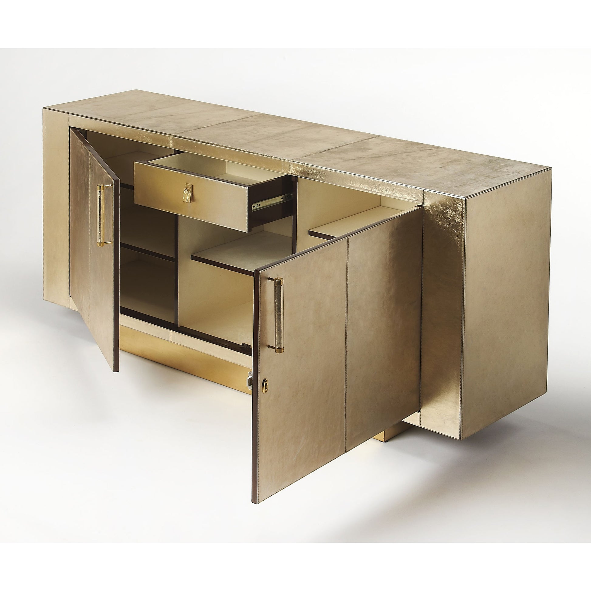 Francois Buffet by Butler Specialty Company in gold and cosmopolitan. Made from marandi wood solids, mdf, leather, polysuede cloth, brass in a eclectic & global style.