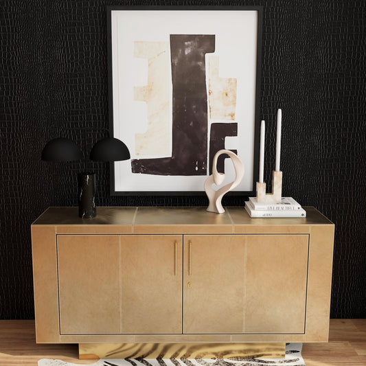 Francois Buffet by Butler Specialty Company in gold and cosmopolitan. Made from marandi wood solids, mdf, leather, polysuede cloth, brass in a eclectic & global style.