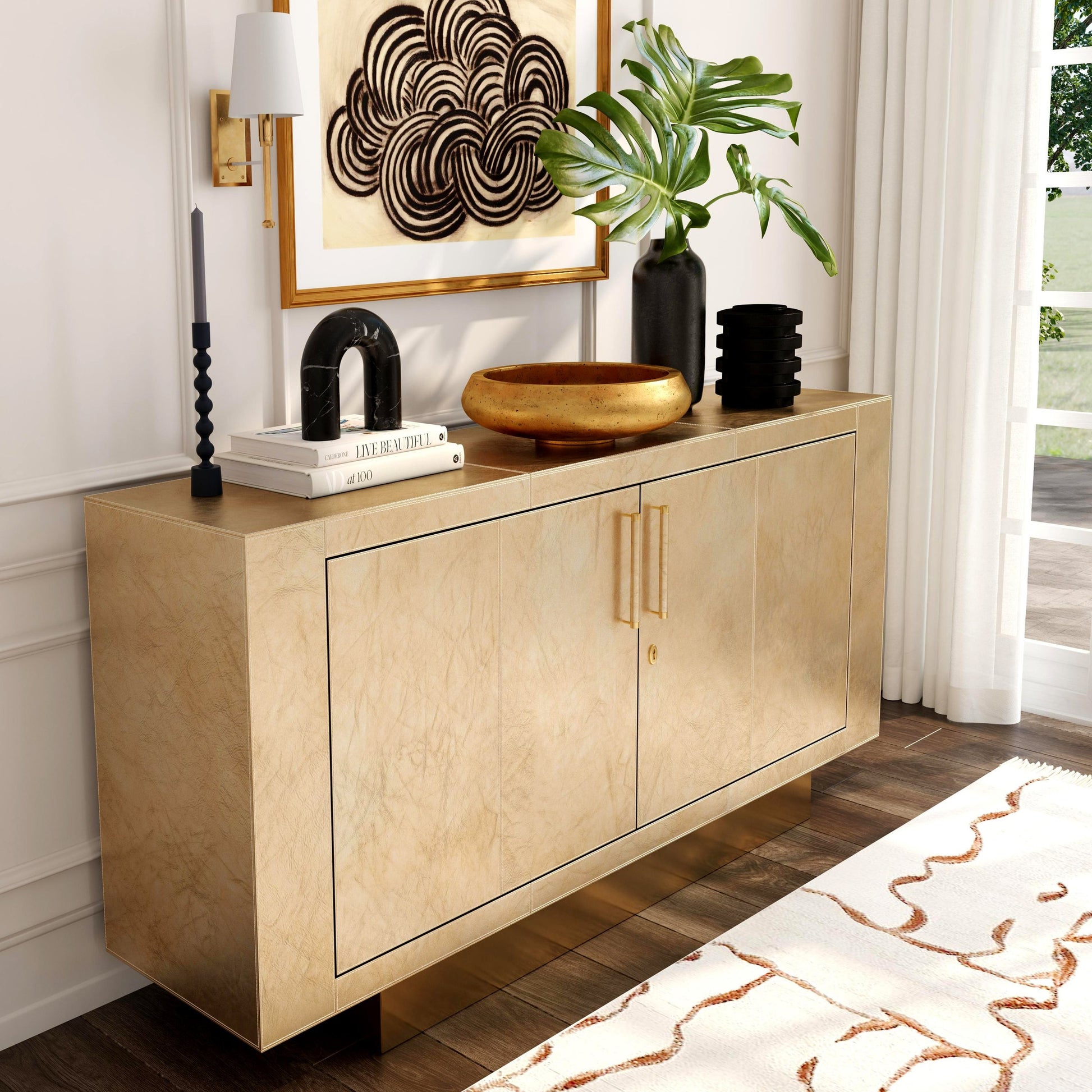 Francois Buffet by Butler Specialty Company in gold and cosmopolitan. Made from marandi wood solids, mdf, leather, polysuede cloth, brass in a eclectic & global style.