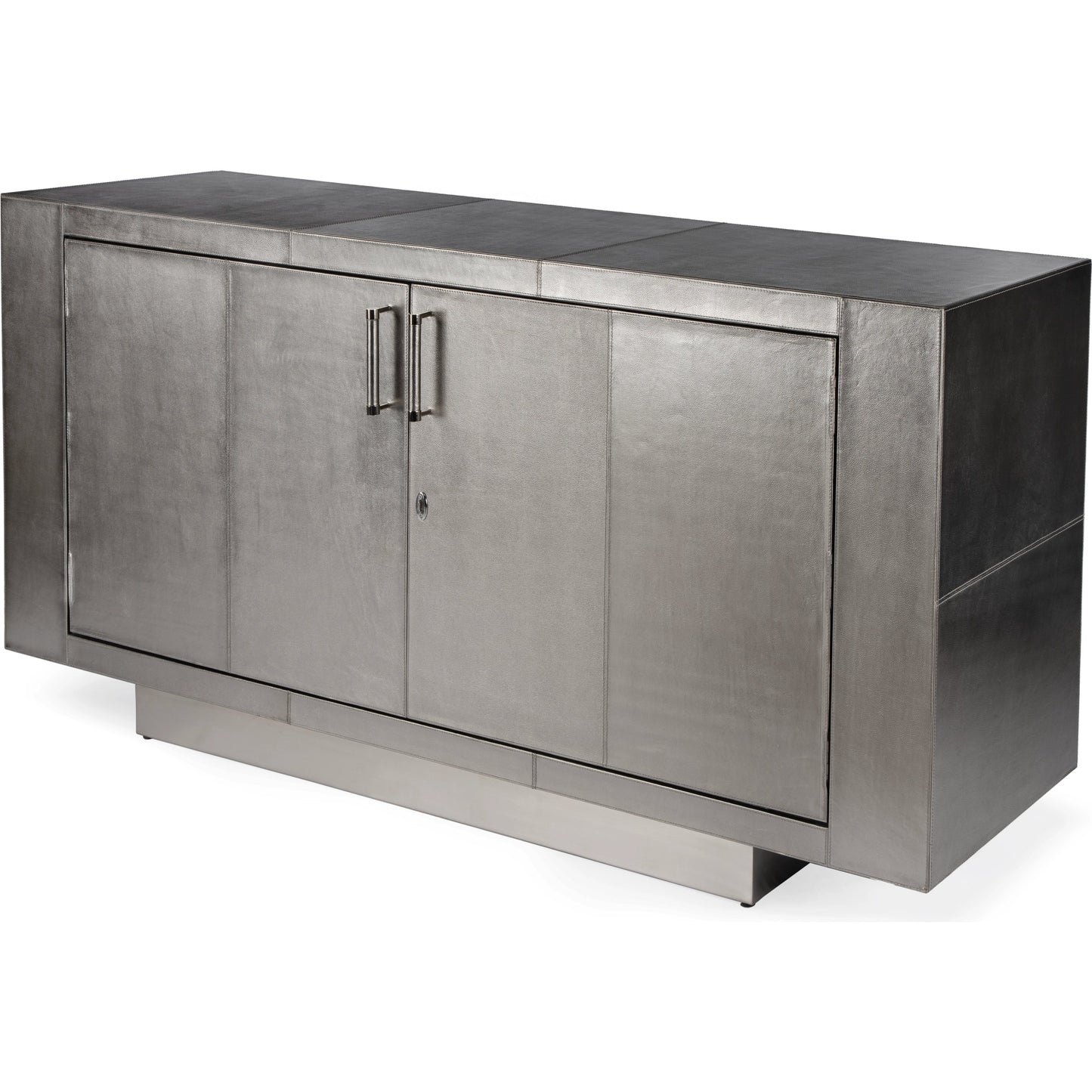 001 SI-2021941 | Primary Silo | Francois Leather Sideboard by Butler Specialty Company in silver. Made from meranti wood solids, mdf, leather, polysuede cloth, stainless steel in a modern style.