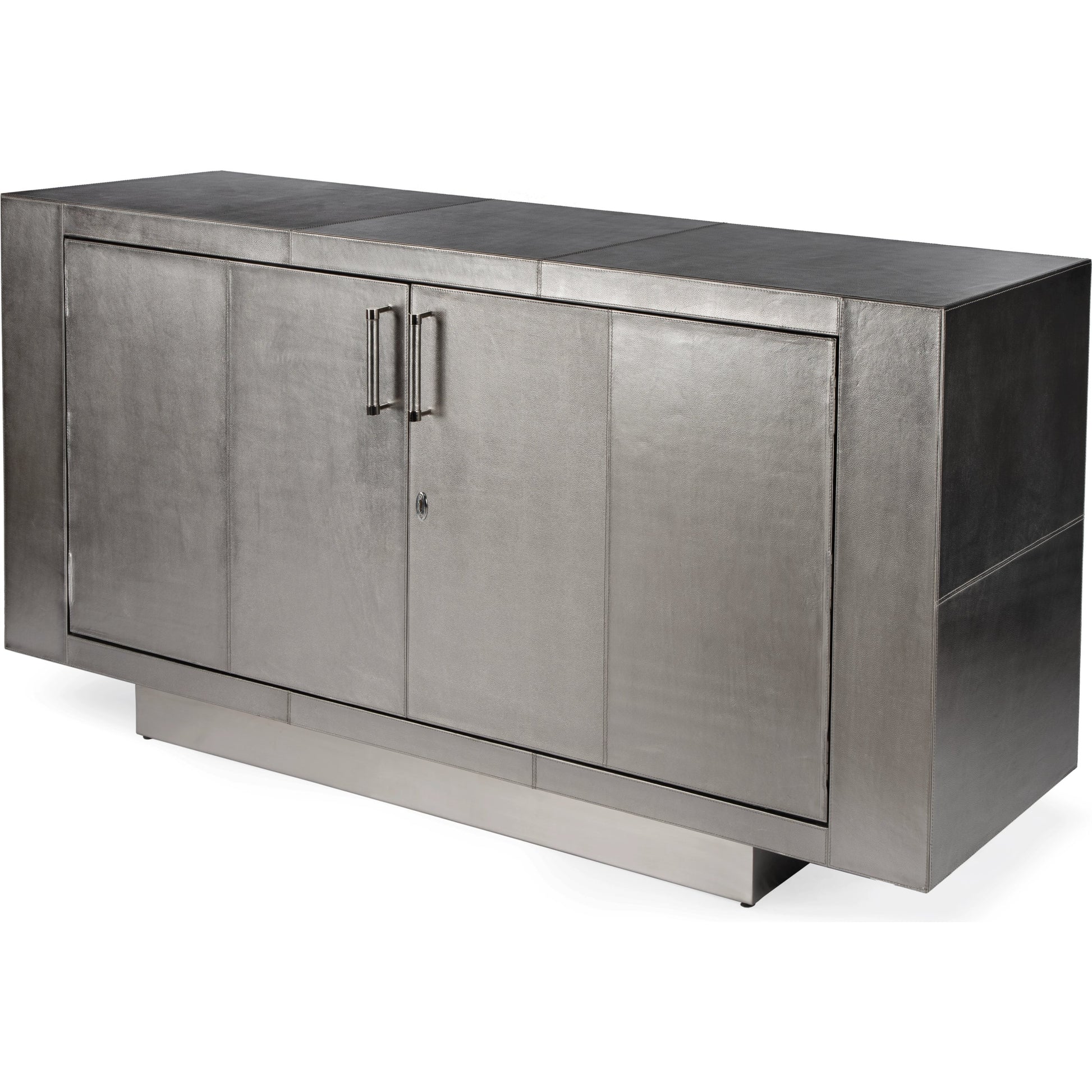 Francois Leather Sideboard by Butler Specialty Company in silver. Made from meranti wood solids, mdf, leather, polysuede cloth, stainless steel in a modern style.