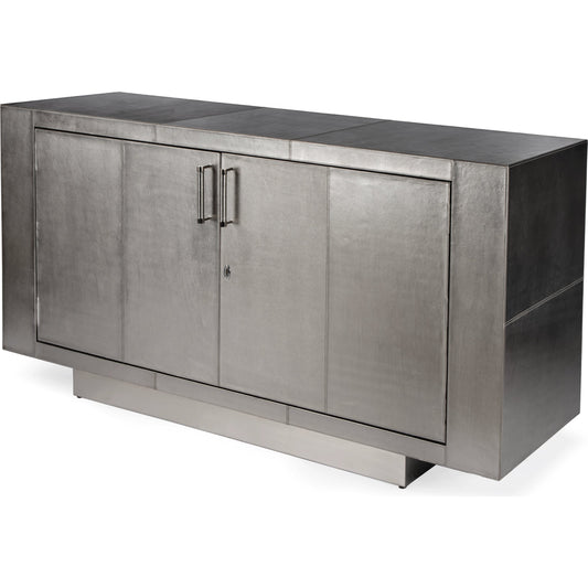 Francois Leather Sideboard by Butler Specialty Company in silver. Made from meranti wood solids, mdf, leather, polysuede cloth, stainless steel in a modern style.