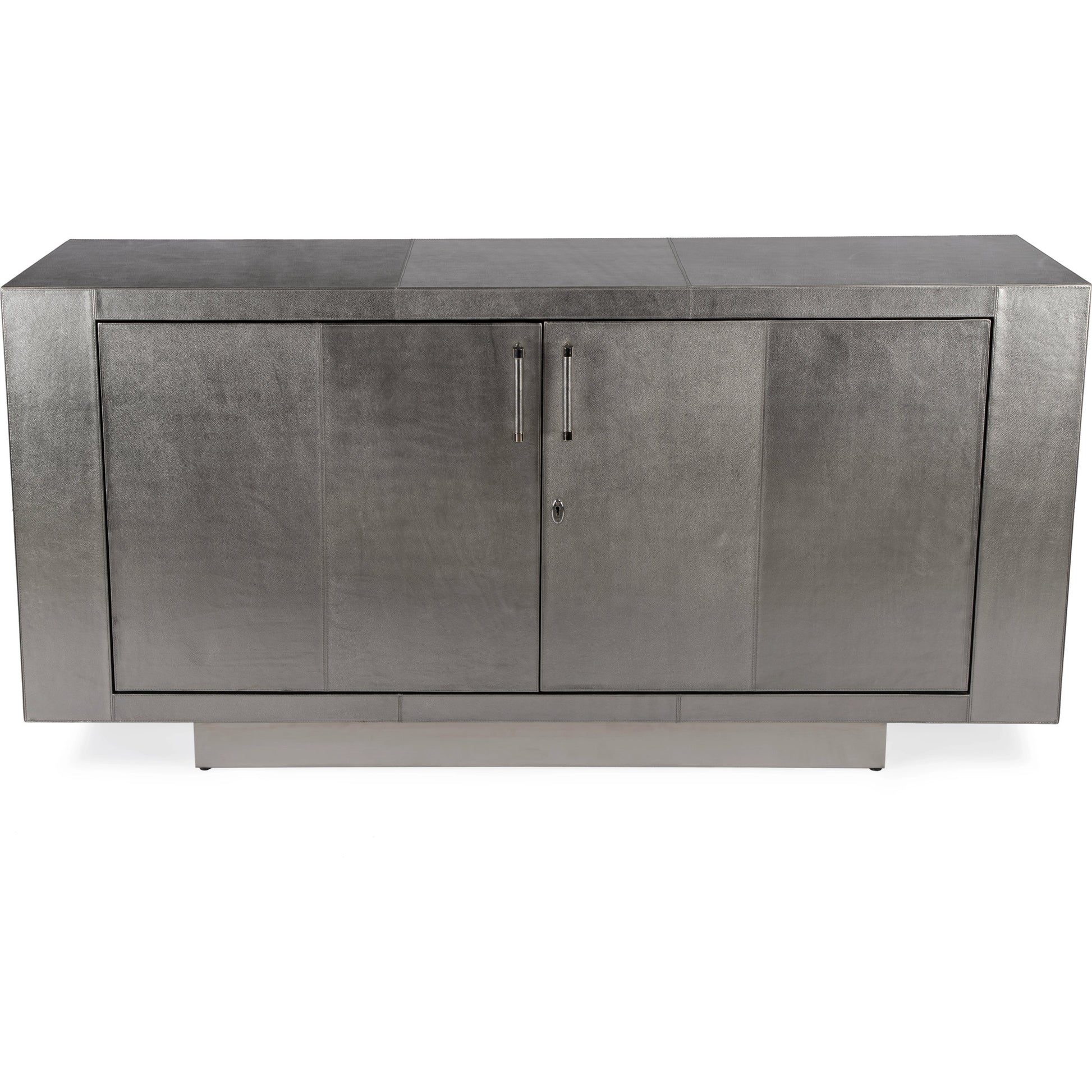 Francois Leather Sideboard by Butler Specialty Company in silver. Made from meranti wood solids, mdf, leather, polysuede cloth, stainless steel in a modern style.