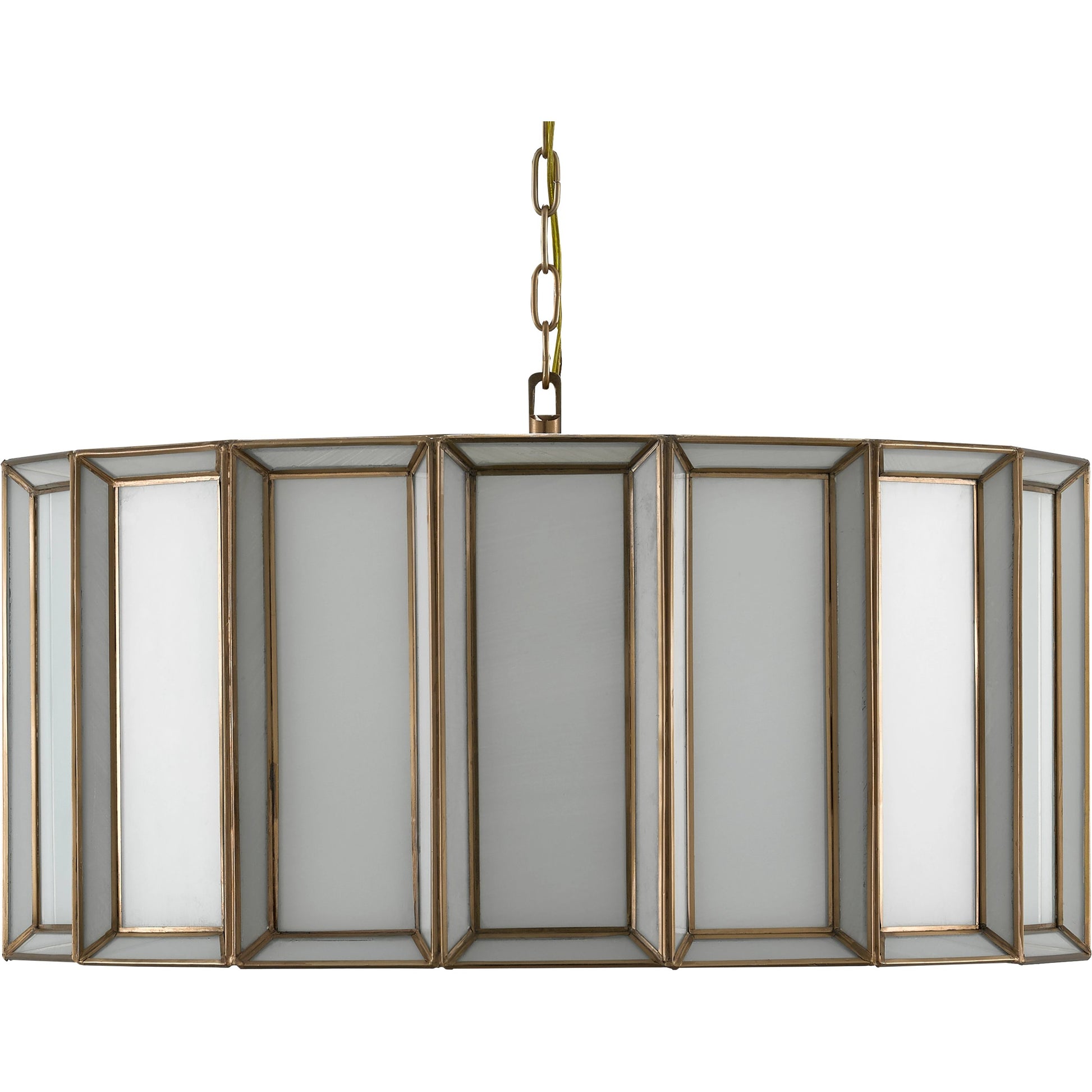 Daze Pendant by Currey and Company in antique brass, white. Made from brass, iron, milk glass in a modern style.