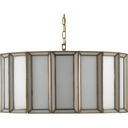 Daze Pendant by Currey and Company in antique brass, white. Made from brass, iron, milk glass in a modern style.