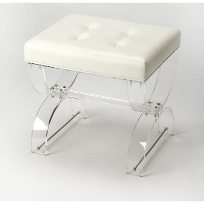 Morena Acrylic Vanity Stool by Butler Specialty Company in white and clear acrylic. Made from acrylic (13mm thick), urethane foam in a modern style.