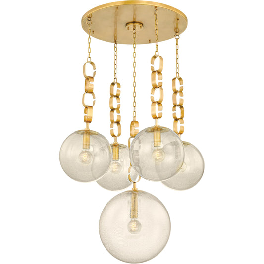 Nessa Chandelier by Corbett in vintage brass. Made from brass in a unique style.