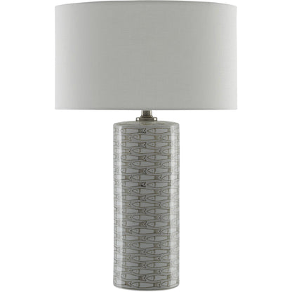 Fisch Table Lamp by Currey and Company in gray, white, antique nickel. Made from porcelain in a coastal style.