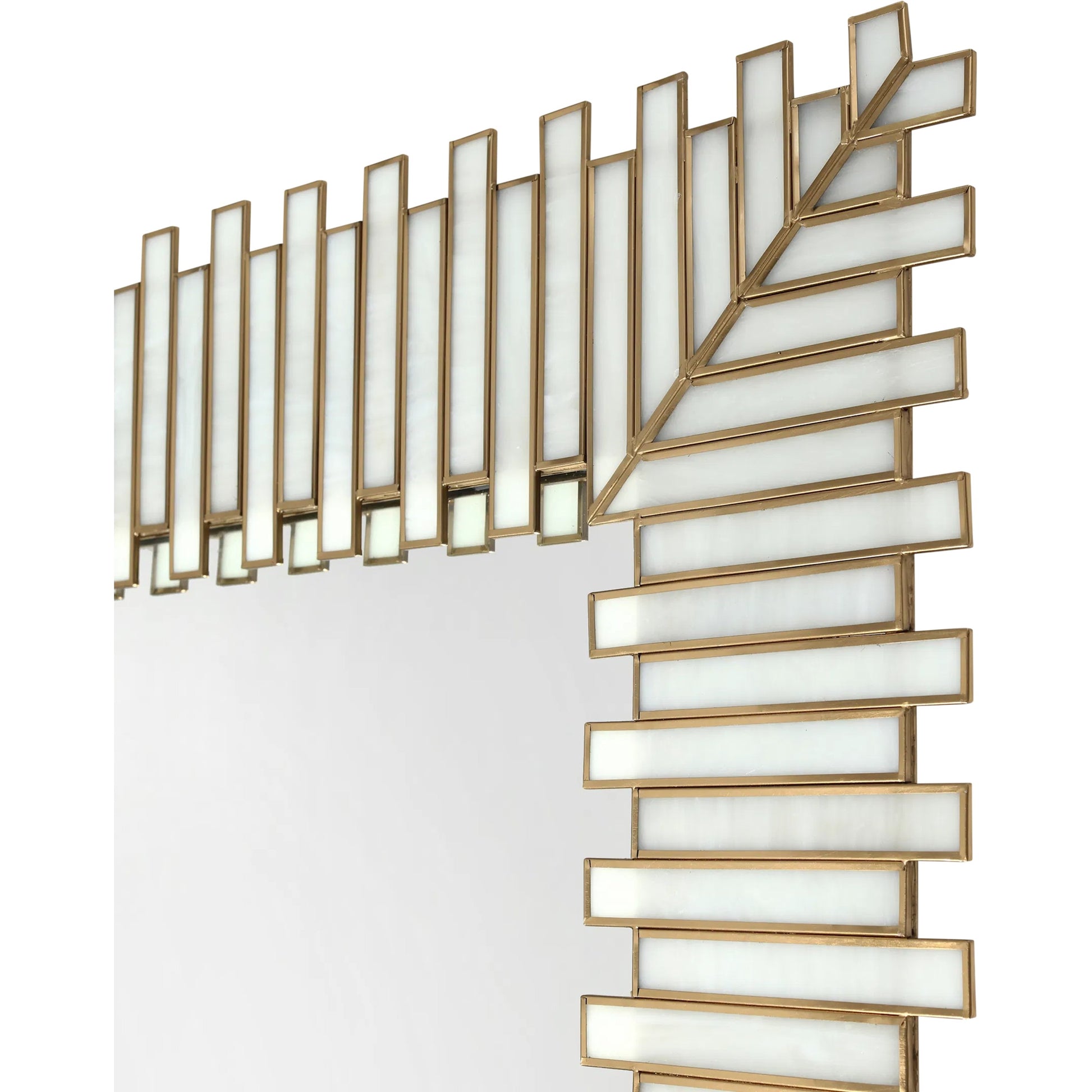 Daze Mirror by Currey and Company in white and white, antique brass. Made from glass, brass, iron, engineered wood in a modern style.