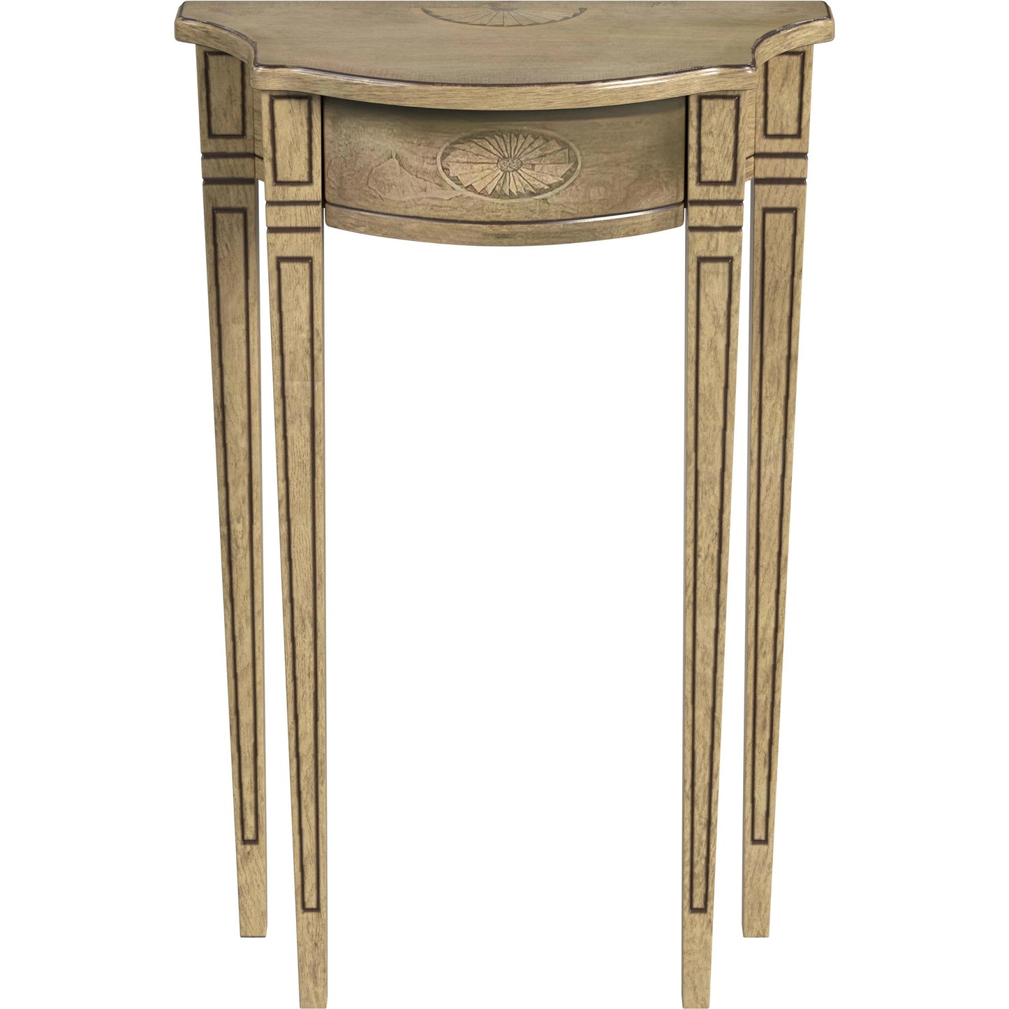 001 SI-2021913 | Primary Silo | Chester Demilune Console Table by Butler Specialty Company in beige and antique beige. Made from rubberwood solids, mdf, resin, cherry, maple and walnut veneers in a transitional style.