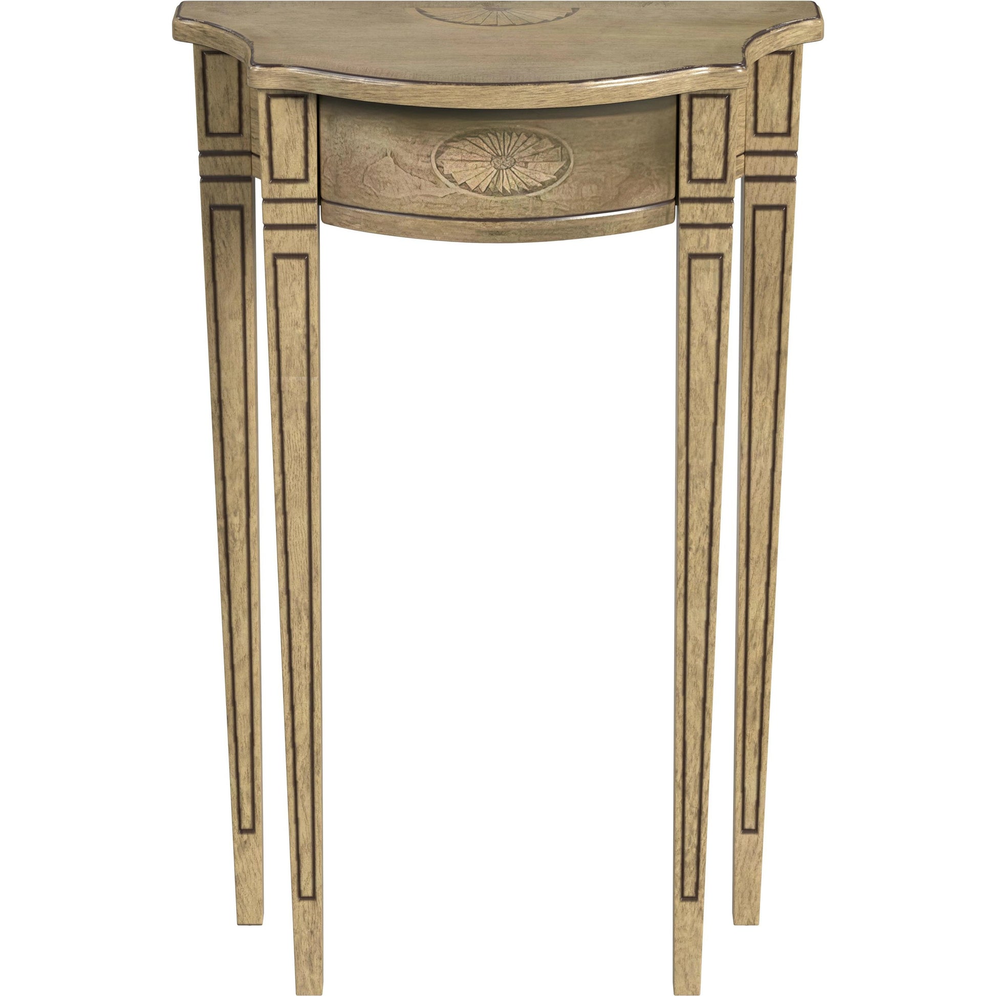 Chester Demilune Console Table by Butler Specialty Company in beige and antique beige. Made from rubberwood solids, mdf, resin, cherry, maple and walnut veneers in a transitional style.