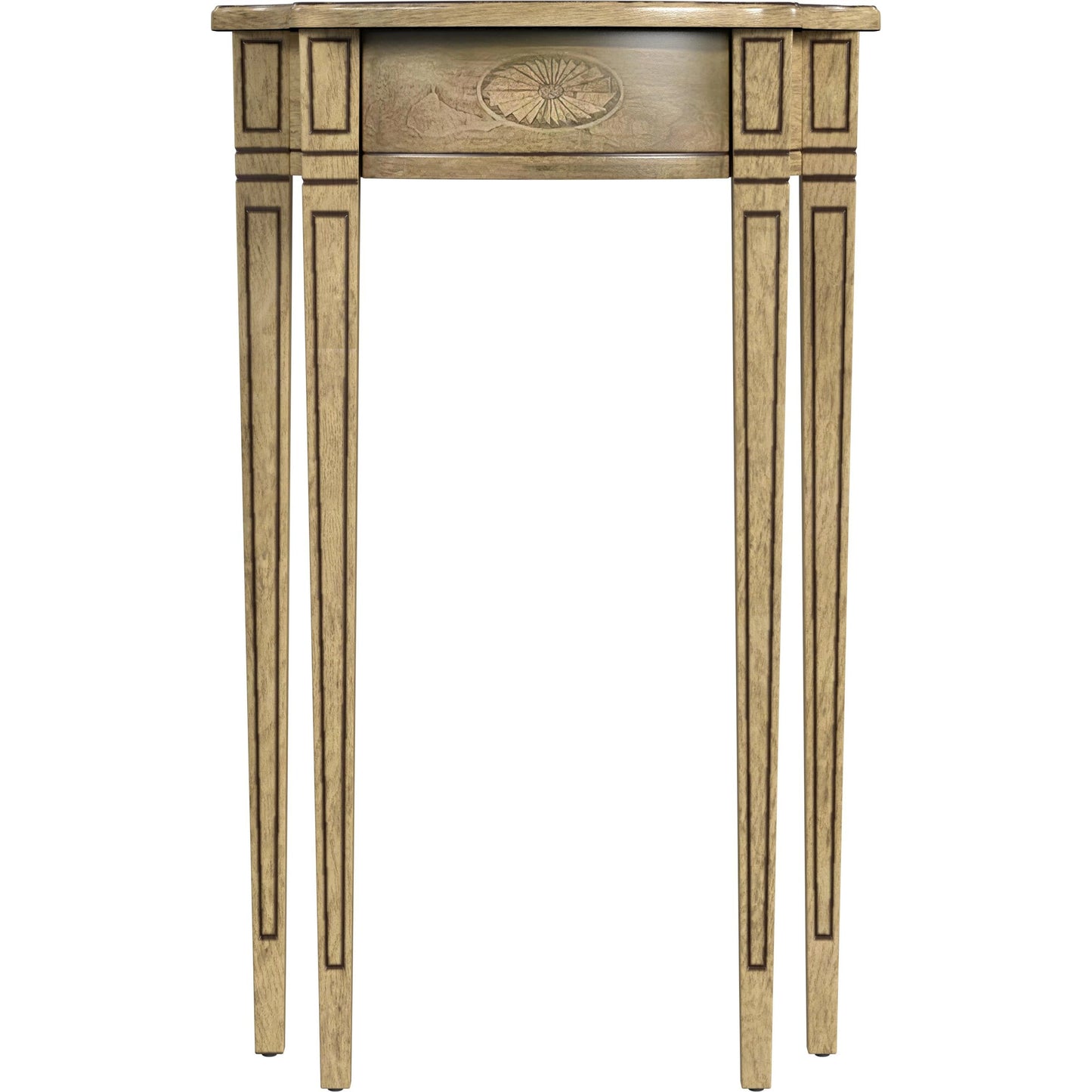 002 SI-2021913 | Additional Silo | Chester Demilune Console Table by Butler Specialty Company in beige and antique beige. Made from rubberwood solids, mdf, resin, cherry, maple and walnut veneers in a transitional style.