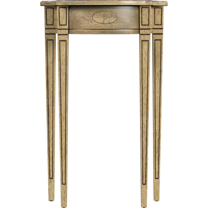 Chester Demilune Console Table by Butler Specialty Company in beige and antique beige. Made from rubberwood solids, mdf, resin, cherry, maple and walnut veneers in a transitional style.