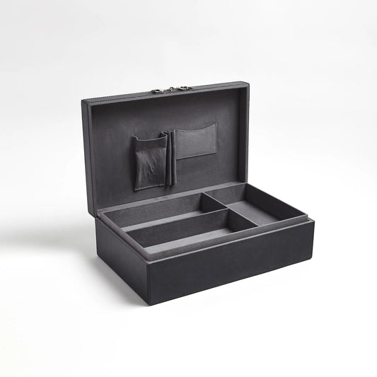 Stirrup Detail Box by Global Views in blue wash. Made from leather, polyester suede, stainless steel in a transitional style.