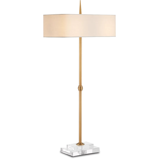 Caldwell Table Lamp by Currey and Company in antique brass, clear. Made from metal, optic crystal in a modern style.