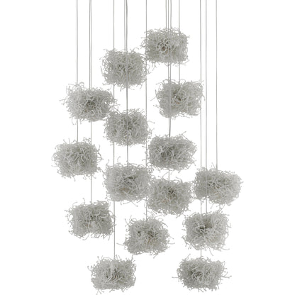 Birds Nest Pendant by Currey and Company in painted silver, clear. Made from metal, glass bead in a modern style.