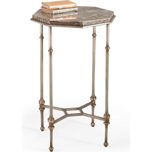 Raleigh Lane Table by Chelsea House in silver, gold. Made from metal with brown marble top in a traditional style.
