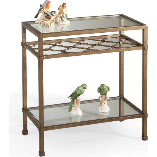Pac Coast Side Table by Chelsea House. Made from champagne finish, glass shelves in a transitional style.