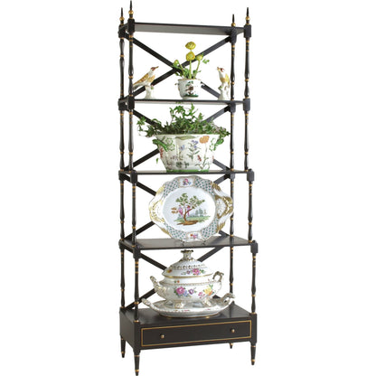 Carnaby Bookcase by Chelsea House in black, gold. Made from poplar. black, gold finish. one dra in a transitional style.