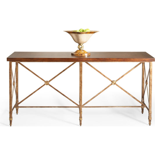 Overland Console by Chelsea House in gold. Made from metal with cherry veneer top in a traditional style.