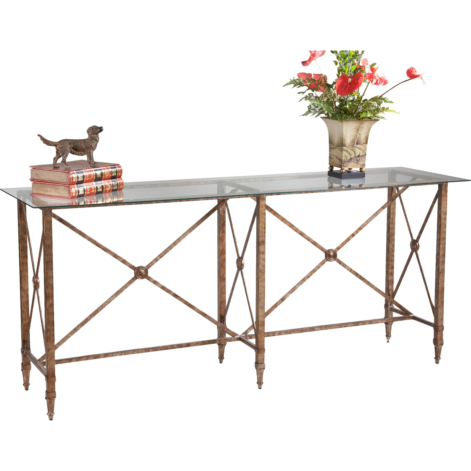 Overland Console by Chelsea House in cherry veneer, antique gold. Made from metal with cherry veneer top in a traditional style.