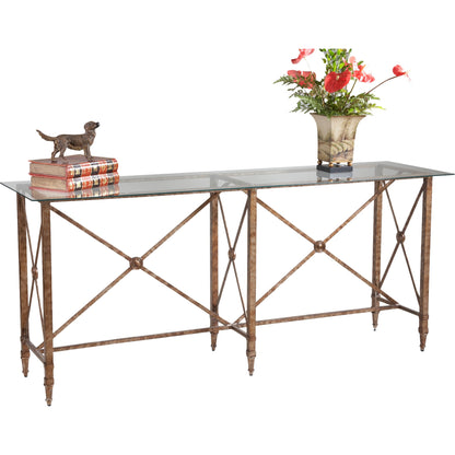 Overland Console by Chelsea House in cherry veneer, antique gold. Made from metal with cherry veneer top in a traditional style.