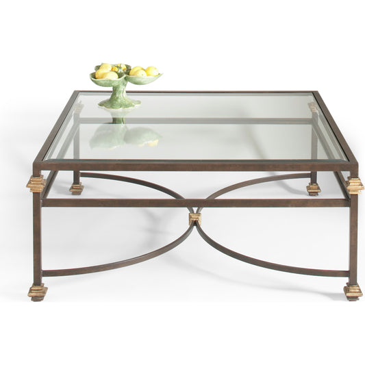Collar Coffee Table by Chelsea House in brown, gold. Made from metal base. glass top. in a transitional style.