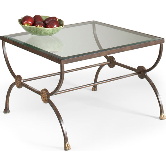 Martin Cocktail Table by Chelsea House in brown. Made from metal base. glass top. in a transitional style.