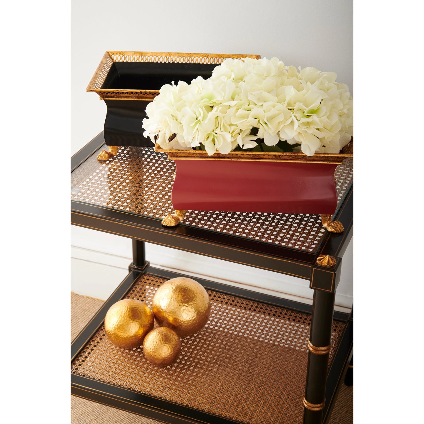 003 SR-382368 | Lifestyle | Conners Caned End Table by Chelsea House in black, gold. Made from poplar caned panels, glass shelves in a transitional style.