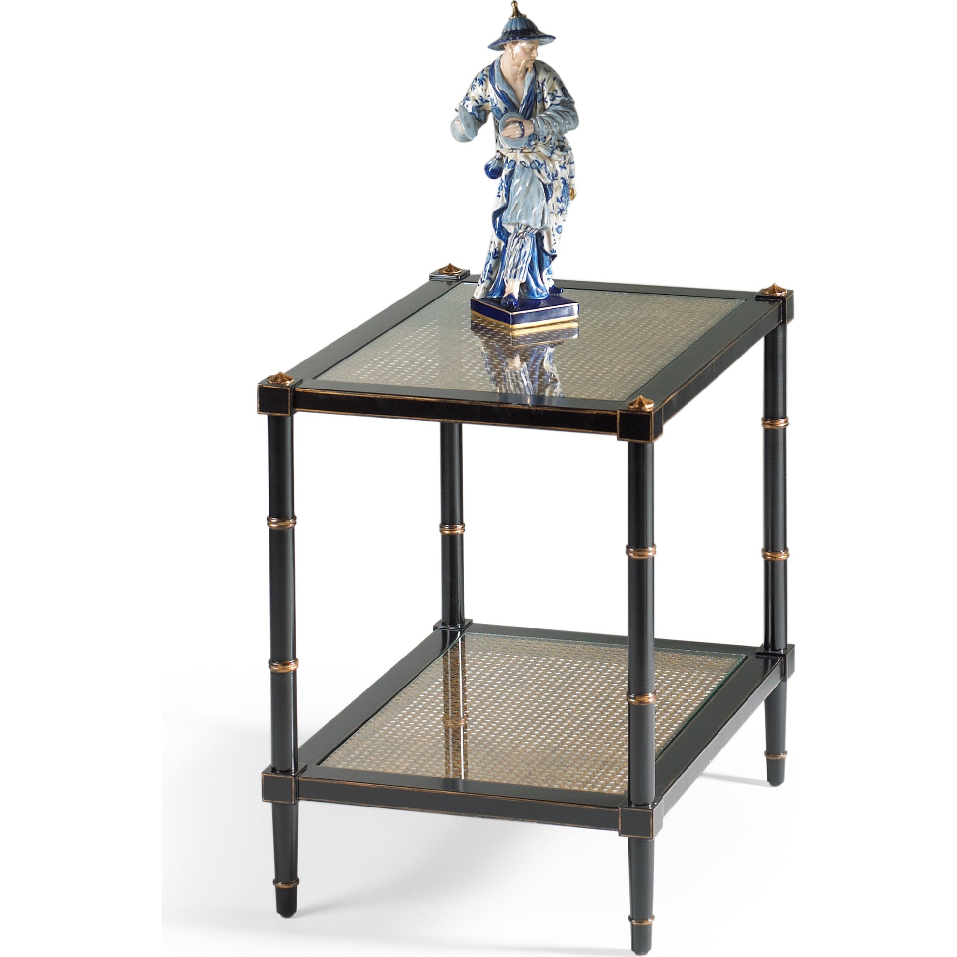 Conners Caned End Table by Chelsea House in black, gold. Made from poplar caned panels, glass shelves in a transitional style.