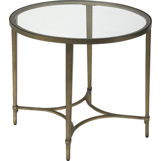 Monica Gold Oval End Table by Butler Specialty Company in gold and antique gold. Made from metal tubing, tempered glass in a modern style.