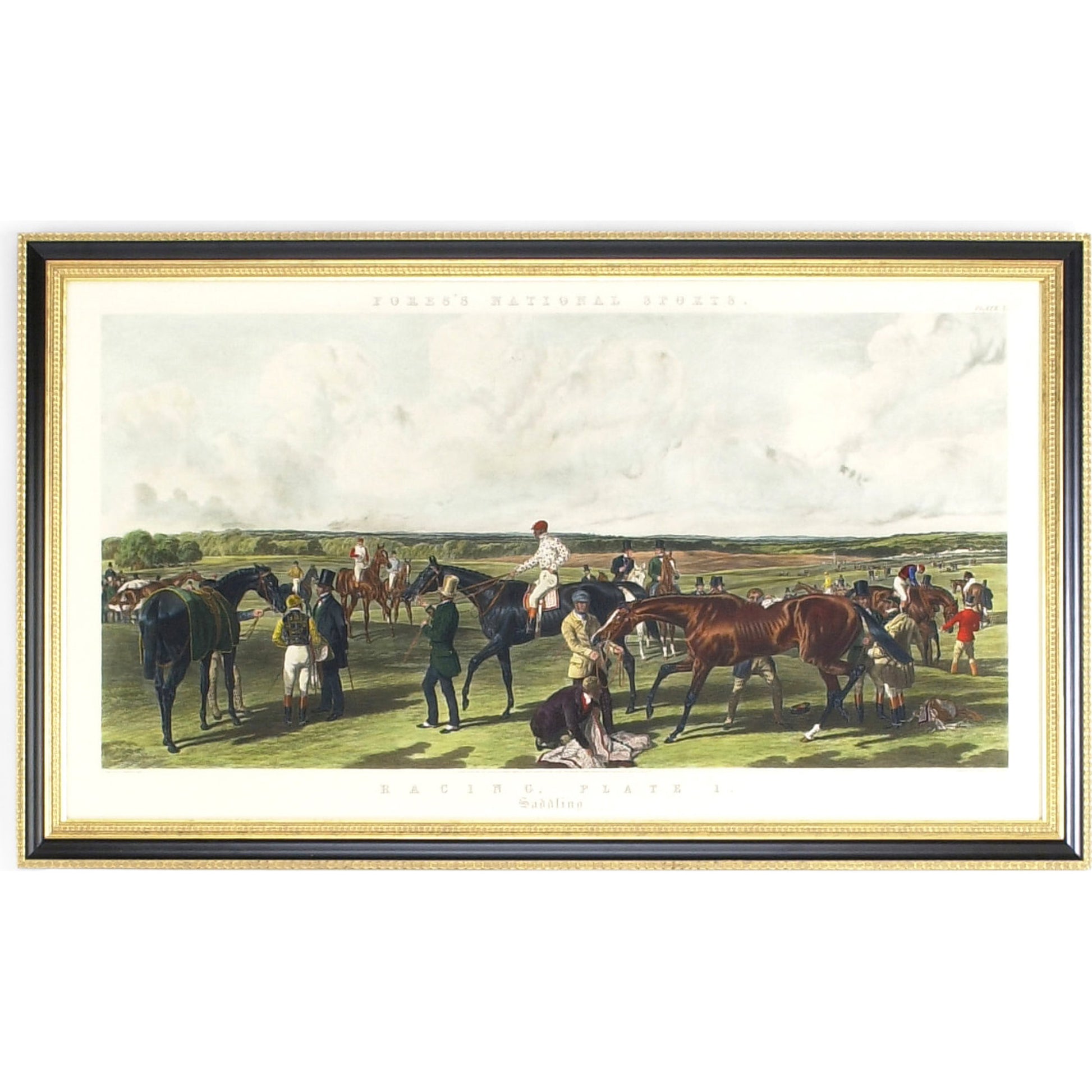 Fores Racing-Saddling by Chelsea House in black and gold frame. Made from hand colored engraving in a traditional style.