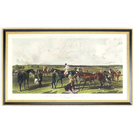 Fores Racing-Saddling by Chelsea House in black, gold frame. Made from hand colored engraving in a traditional style.