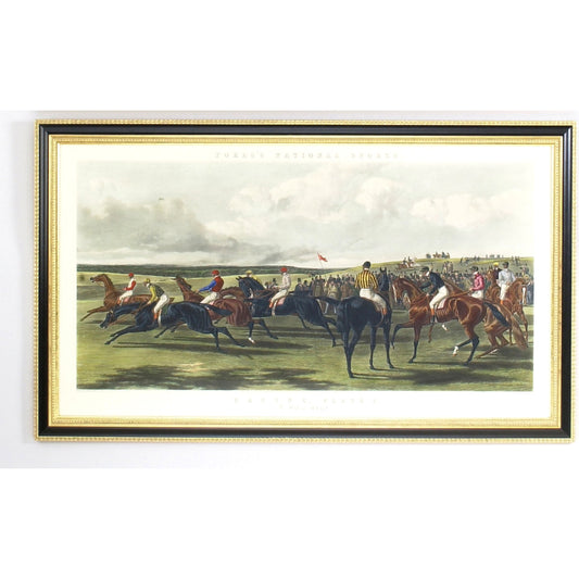 Forest Racing I by Chelsea House in black and gold frame. Made from hand colored engraving in a rustic style.