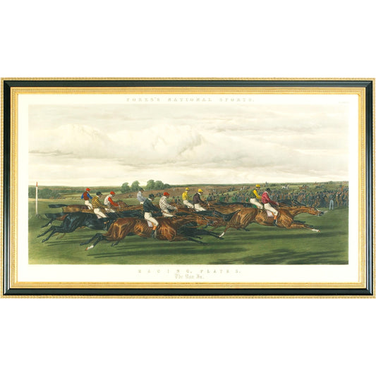 Fores Racing-Run in by Chelsea House in black, gold frame. Made from hand colored engraving in a traditional style.