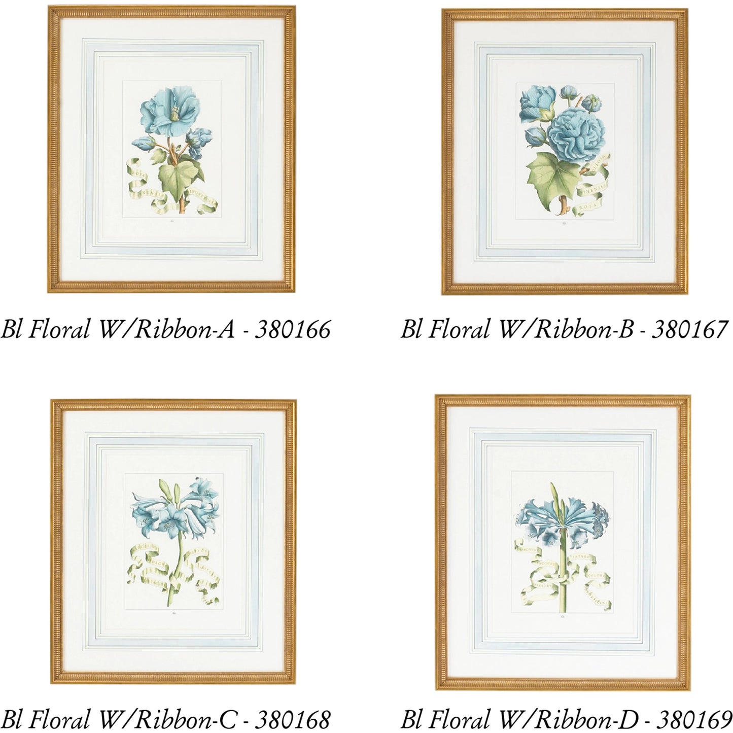 002 SR-382035 | Additional Silo | Bl Floral W/Ribbon-D by Chelsea House in gold frame, french mat. Made from hand colored engraving, italy in a traditional style.