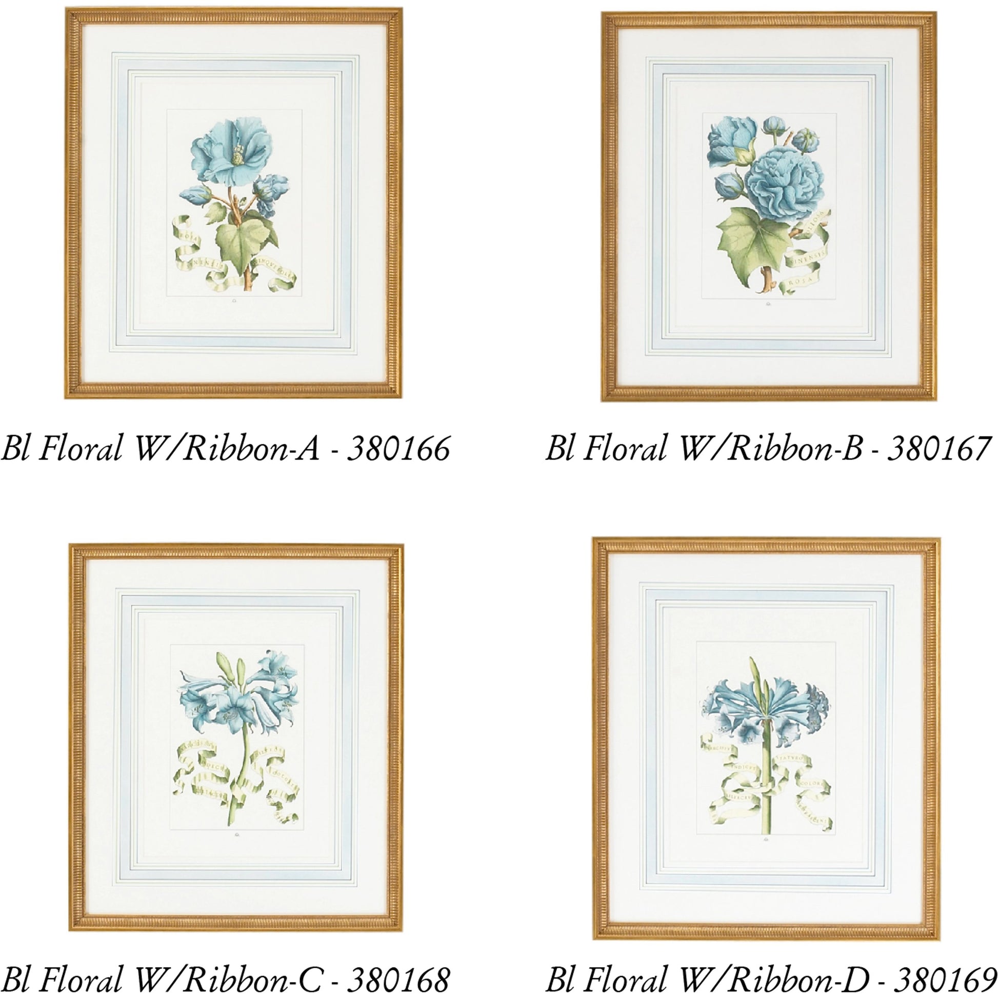 Bl Floral W/Ribbon-D by Chelsea House in gold frame, french mat. Made from hand colored engraving, italy in a traditional style.