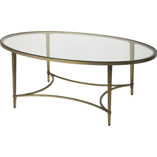 Monica Coffee Table by Butler Specialty Company in gold and antique gold. Made from metal tubing, tempered glass in a modern style.
