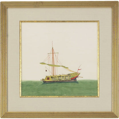 Chin Junk Furled Sail by Chelsea House in gold frame and fillet. Made from water color on silk in a coastal style.