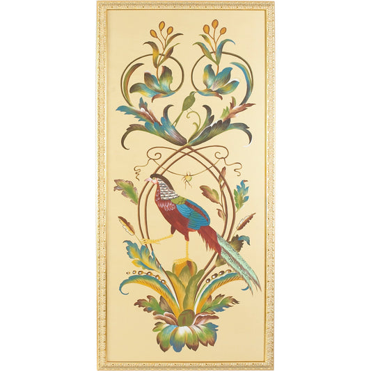Borghese Bird Pnl-B by Chelsea House in gold frame. Made from water color on silk in a traditional style.