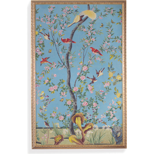 Phil.Panel-Red Birds by Chelsea House in gold frame. Made from water color on silk in a eclectic & global style.