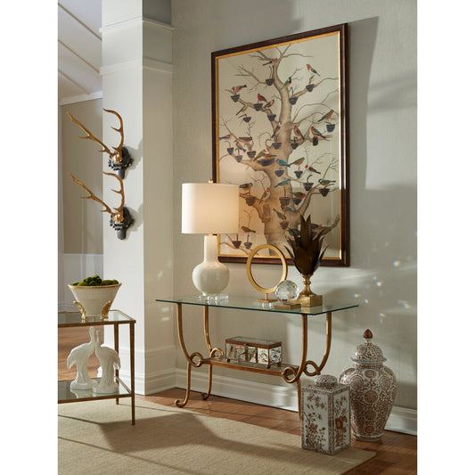 The Aviary by Chelsea House in antique gold and brown frame. Made from water color on silk in a modern style.