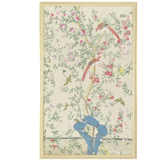 Red Cockatoo Panels by Chelsea House in gold frame. Made from water color on silk in a eclectic & global style.