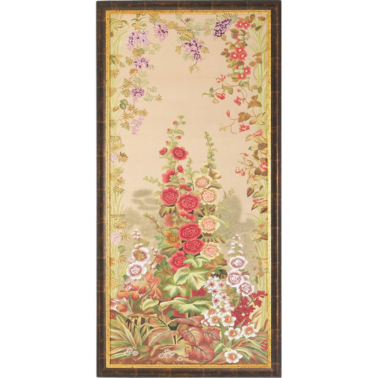 Hollyhocks-A by Chelsea House in antique gold, brown frame. Made from water color on silk in a transitional style.
