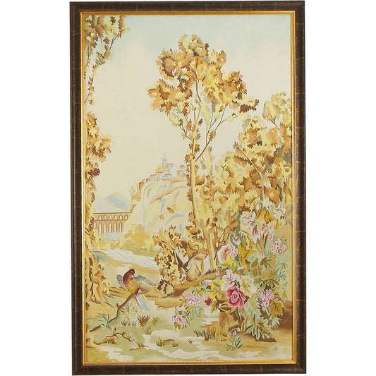 Aubusson Panel I by Chelsea House in antique gold and brown wood frame. Made from water color on silk wood frame in a transitional style.
